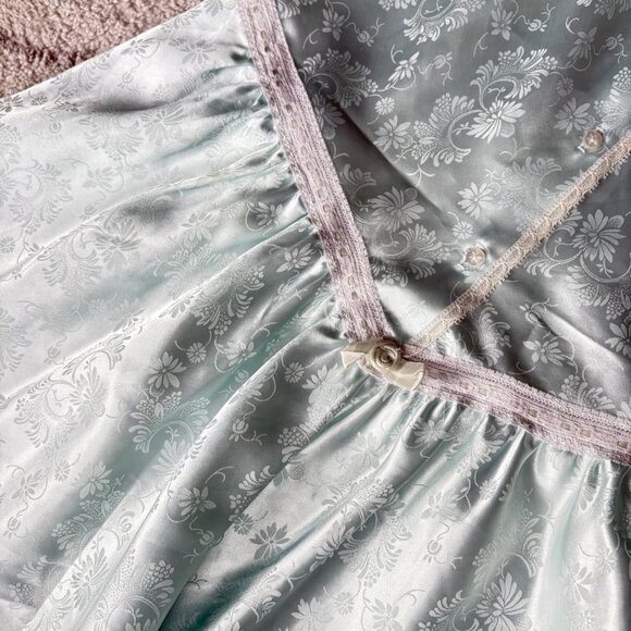 Vintage Christian Dior Lingerie Satin Lace Chemise Blue Jacquard Floral - Picture 3 of 6